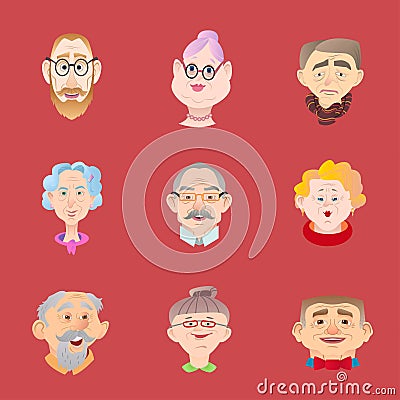 Face of elder people icons set in flat style. Pensioner head col Vector Illustration