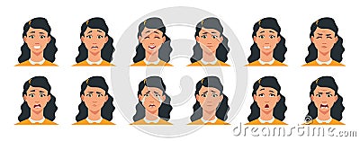 Face expression. Cartoon girl character with sad happy angry surprised emotion. Vector woman avatar constructor with Vector Illustration