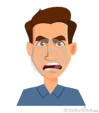 Face expression of a man - anger. Male emotions. Handsome cartoon character. Vector Illustration