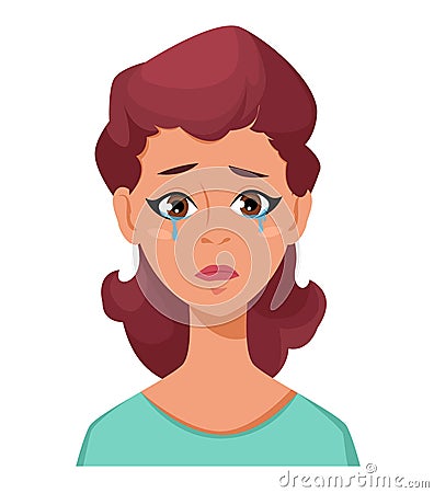 Face expression of a woman - crying, unhappy. Female emotions. Vector Illustration