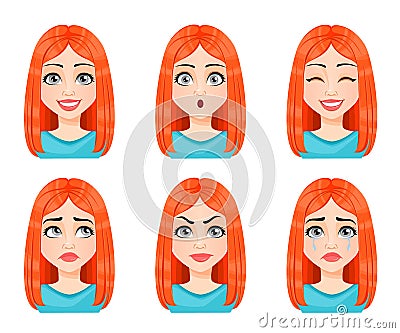 Face expressions of beautiful redhead woman Vector Illustration