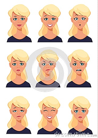 Face expressions of a blonde woman. Different female emotions se Vector Illustration