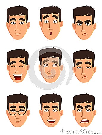 Face expressions of a business man. Different male emotions set. Vector Illustration