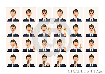 Face expressions of a businessman in suits. Different male emotions and poses set. Vector Illustration