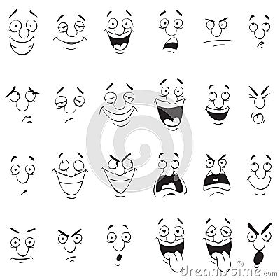 Face Expressions. Cartoon Doodle Back and White Outline Vector Illustration