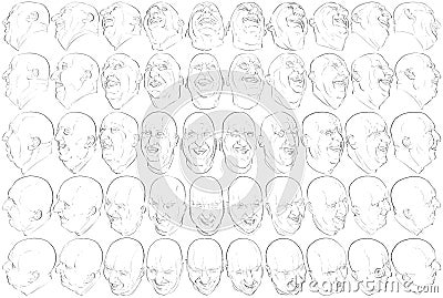 50 Face Expressions (16-20) 3D to 2D Stock Photo