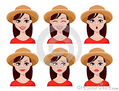 Face expressions of farmer woman in hat Vector Illustration