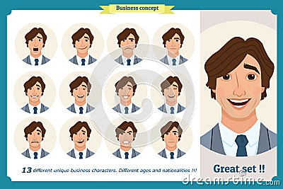 Face expressions of a man.Different male emotions set.Flat character. Young businessman in a suit. Isolated vector Vector Illustration