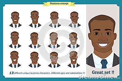 Face expressions of a man.Flat cartoon character. Businessman in a suit and tie.Black American Vector Illustration