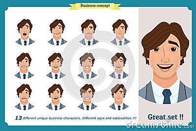 Face expressions of a man.Flat cartoon character. Businessman in a suit and tie. Vector Illustration