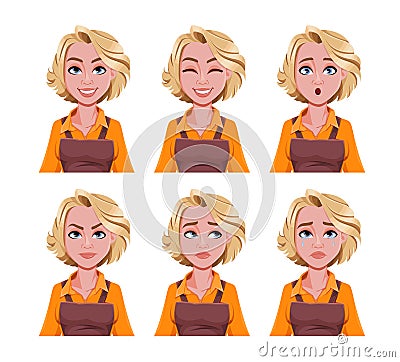 Face expressions of woman barista. Different female emotions set. Vector Illustration