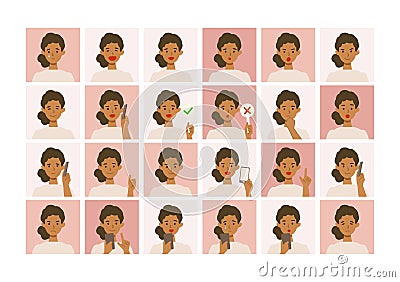 Face expressions of woman. Different female emotions and poses set Vector Illustration