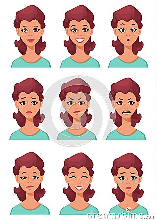 Face expressions of a woman. Different female emotions set. Vector Illustration