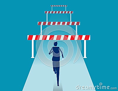 Face front of many obstacles. Barriers on the way to success concept. Flat vector cartoon style Vector Illustration