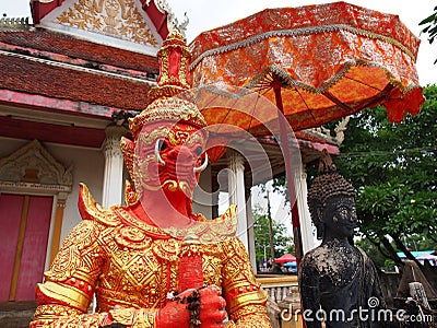 The face of a Giant Demon Guard .Head shot of Giant statue, Bangkok, Thailand. 8th May.2022 Stock Photo