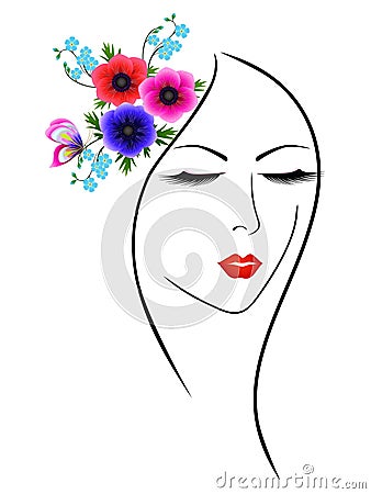 The face of the girl with the flowers of anemones, forget me nots and butterfly. Vector Illustration