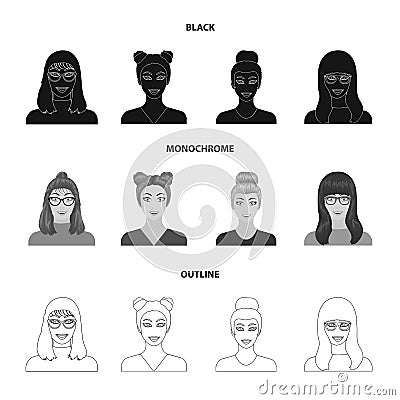 The face of a girl with glasses, a woman with a hairdo. Face and appearance set collection icons in black,monochrome Vector Illustration