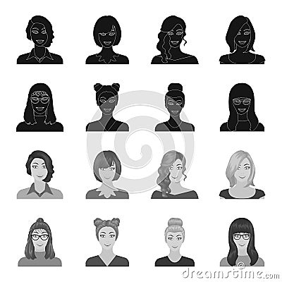 The face of a girl with glasses, a woman with a hairdo. Face and appearance set collection icons in black,monochrome Vector Illustration