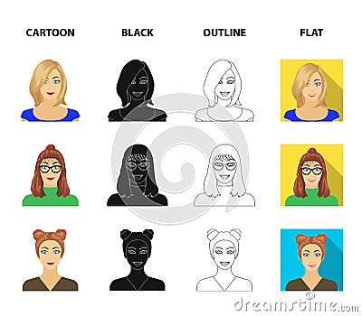 The face of a girl with glasses, a woman with a hairdo. Face and appearance set collection icons in cartoon,black Vector Illustration