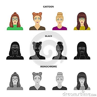 The face of a girl with glasses, a woman with a hairdo. Face and appearance set collection icons in cartoon,black Vector Illustration
