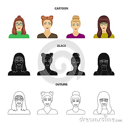 The face of a girl with glasses, a woman with a hairdo. Face and appearance set collection icons in cartoon,black Vector Illustration