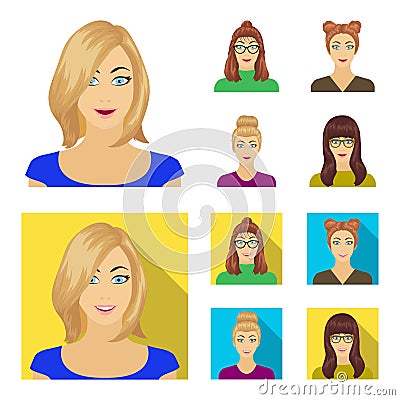 The face of a girl with glasses, a woman with a hairdo. Face and appearance set collection icons in cartoon,flat style Vector Illustration