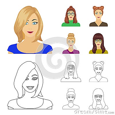 The face of a girl with glasses, a woman with a hairdo. Face and appearance set collection icons in cartoon,outline Vector Illustration