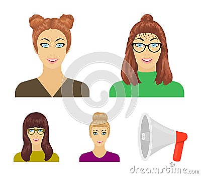 The face of a girl with glasses, a woman with a hairdo. Face and appearance set collection icons in cartoon style vector Vector Illustration