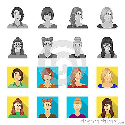 The face of a girl with glasses, a woman with a hairdo. Face and appearance set collection icons in monochrome,flat Vector Illustration