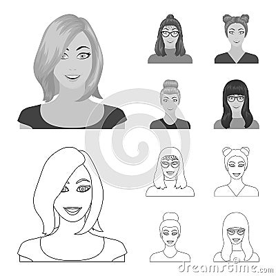 The face of a girl with glasses, a woman with a hairdo. Face and appearance set collection icons in outline,monochrome Vector Illustration