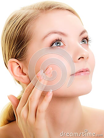 Face girl with healthy pure complexion. Skin care. Stock Photo