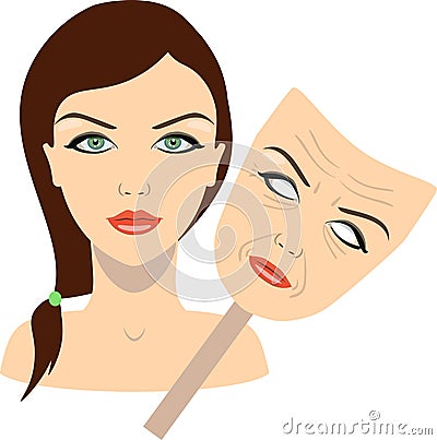 Face of a girl and mask with aged face. concept of rejuvenation. vector illustration Vector Illustration