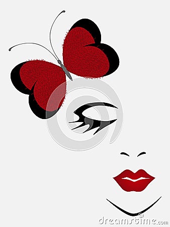 Face of a girl with a red butterfly on a white background. Vector Illustration