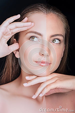 Face of gorgeous teenage girl before and after retouch looking away Stock Photo