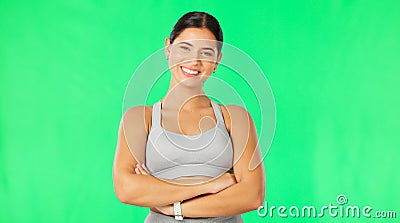 Face, green screen and woman with fitness, arms crossed and training for wellness against a studio background. Portrait Stock Photo