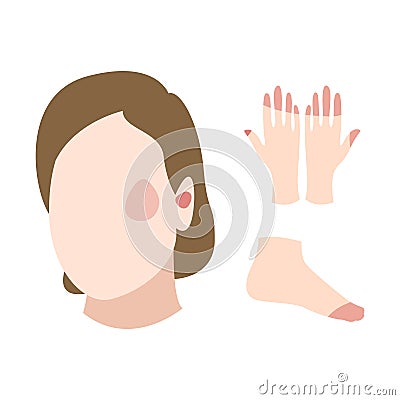 Face, hand and foot with frostbite symptoms, allergy or skin burn. Skin redness, erythema, hypothermia. Flat vector illustration Vector Illustration