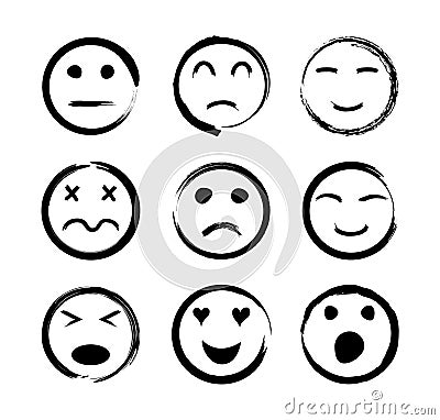 Face icons. Emoticon with emotions of happy, sad, funny, angry, love, cry and laugh. Sketch smiles. Set with doodle emoji. Black Vector Illustration