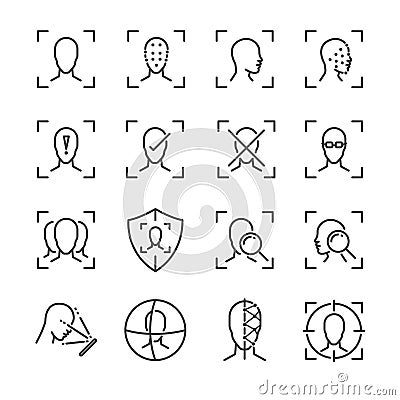 Face ID line icon set. Included the icons as face, recognition, facial, unlock, detect, scan and more. Vector Illustration