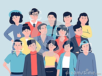 Face identification in crowd. Security technologies, biometric authentication person in public spaces. Id recognition Vector Illustration