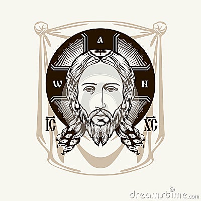 Face of Jesus. Icon Orthodox Church. Vector Illustration