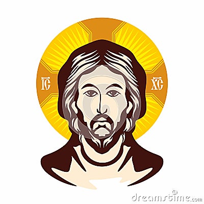 Face of Jesus. Icon Orthodox Church. Vector Illustration