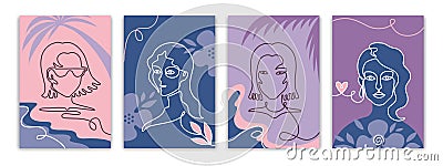 Face line posters. Trendy banners with one line woman face and abstract shapes, creative minimal social media stories Vector Illustration