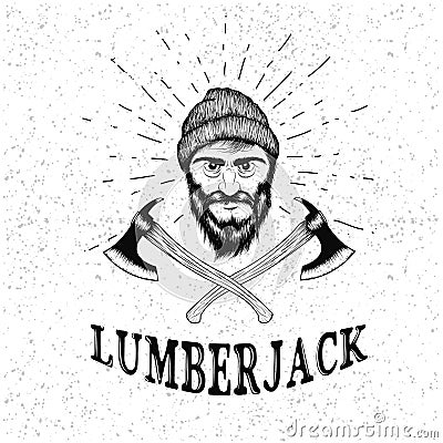 Face of lumberjack with beard,hat and two axes Vector Illustration