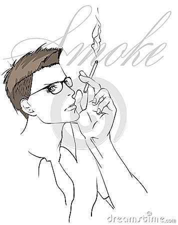 The face of a man. Fashionable portrait. Sketch of a smoking man on a white background. Hipster smoker. Smoking Vector Illustration