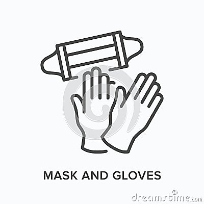 Face mask and gloves flat line icon. Vector outline illustration of coronavirus PPE. Medical safety wear thin linear Vector Illustration