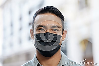 Face mask, man or covid compliance portrait and motivation vision to stop global danger virus. Asian city headshot Stock Photo