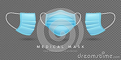 Face mask medical, blue template front and side, on transparent grid background, Eps 10 Vector Illustration