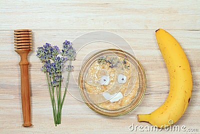 Face mask from oatmeal, yogurt, banana and honey Stock Photo
