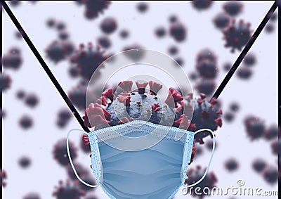 Face mask over covid-19 cell against multiple covid-19 cells on white background Stock Photo