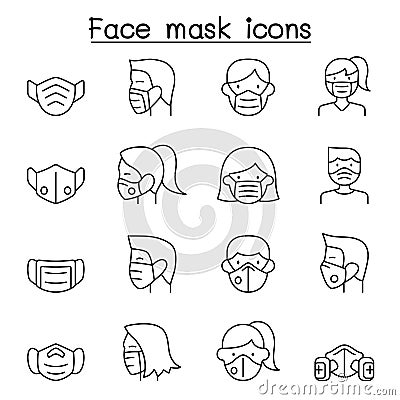 Face mask protection virus icons set in thin line style Vector Illustration